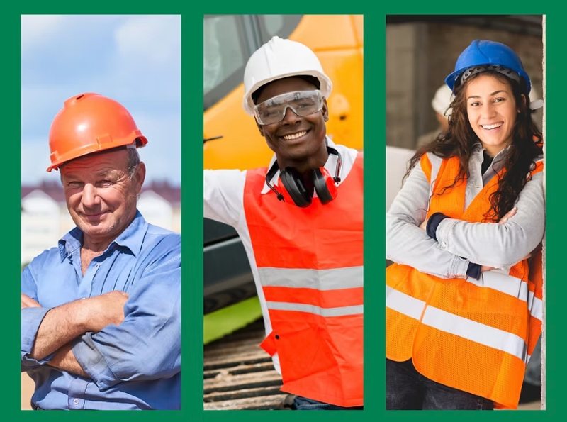 three photos of construction workers